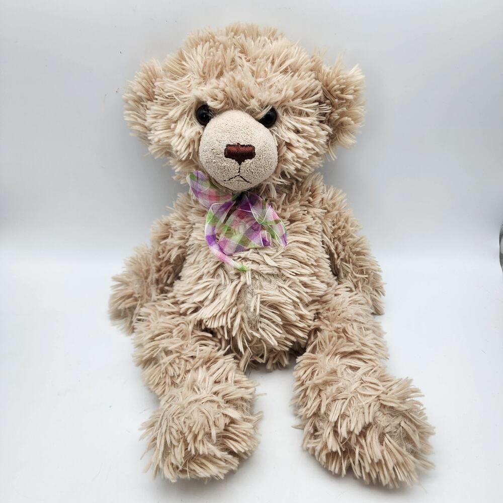 Wishpets Harrison Bear Plush Stuffed Toy 12" Shaggy Cream Fur Plaid Bow Floppy